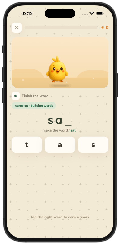 A WordNest Jr word-building question where every answer earns a spark, shown in an iPhone frame