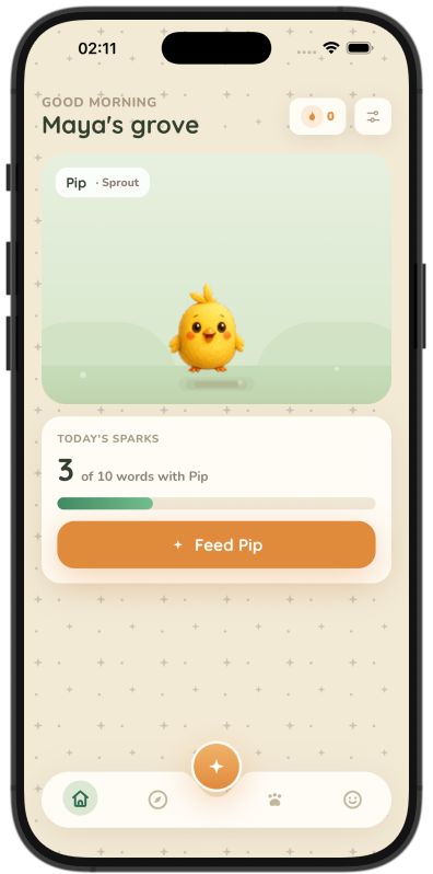 WordNest Jr home screen with Pip the creature and today's reading goal, shown in an iPhone frame